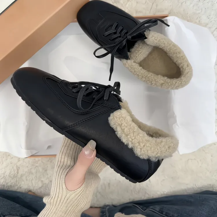 羊皮版~2025秋冬新款毛绒德训鞋系带内增高保暖休闲鞋加绒平底鞋