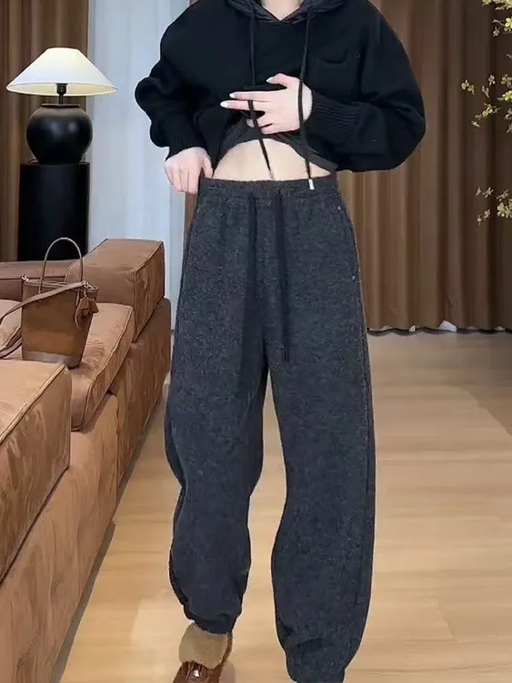 17892加绒加厚女秋冬新款束脚裤子梨形身材卫裤宽松大码束脚裤