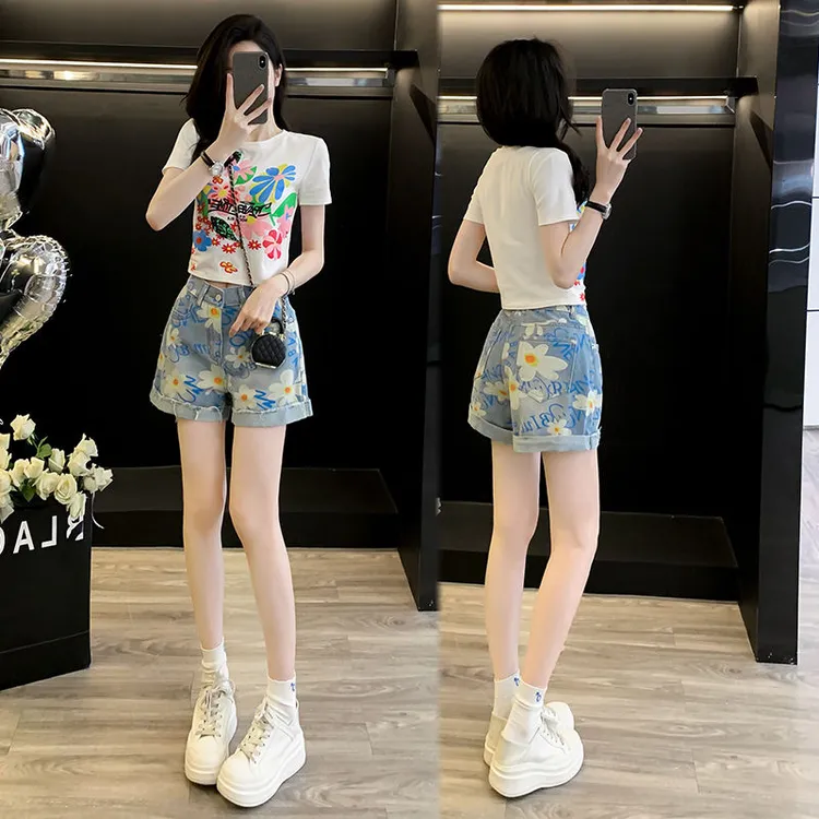 大码设计感满印小雏菊仔半身裙女夏季复古高腰显瘦字短裙子潮