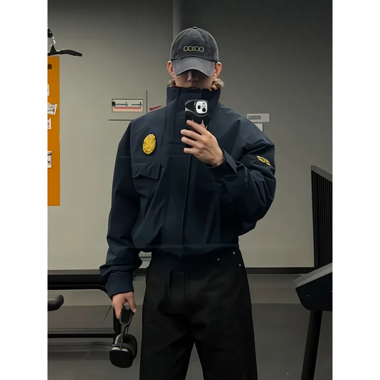 藏青色短款三防立领夹克棉服男款冬季加绒厚豹纹棉衣保暖夹棉外套