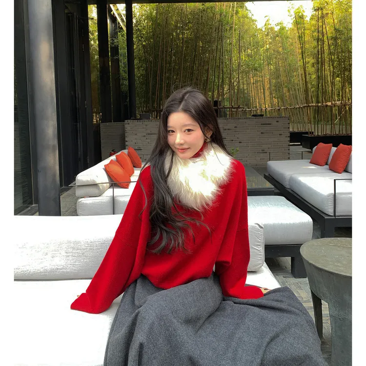 ADA MISS时髦高领灯笼袖柔软全羊毛针织衫宽松保暖毛衣女冬季新款