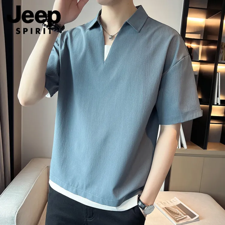 JEEPSPIRIT白色短袖宽松夏季潮牌痞帅V领T恤轻熟半袖假两件上衣男