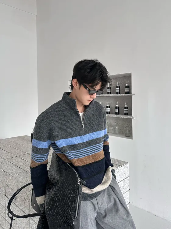 【通勤崛起】条纹复古慵懒风针织衫男高级感休闲简约半拉链毛衣潮