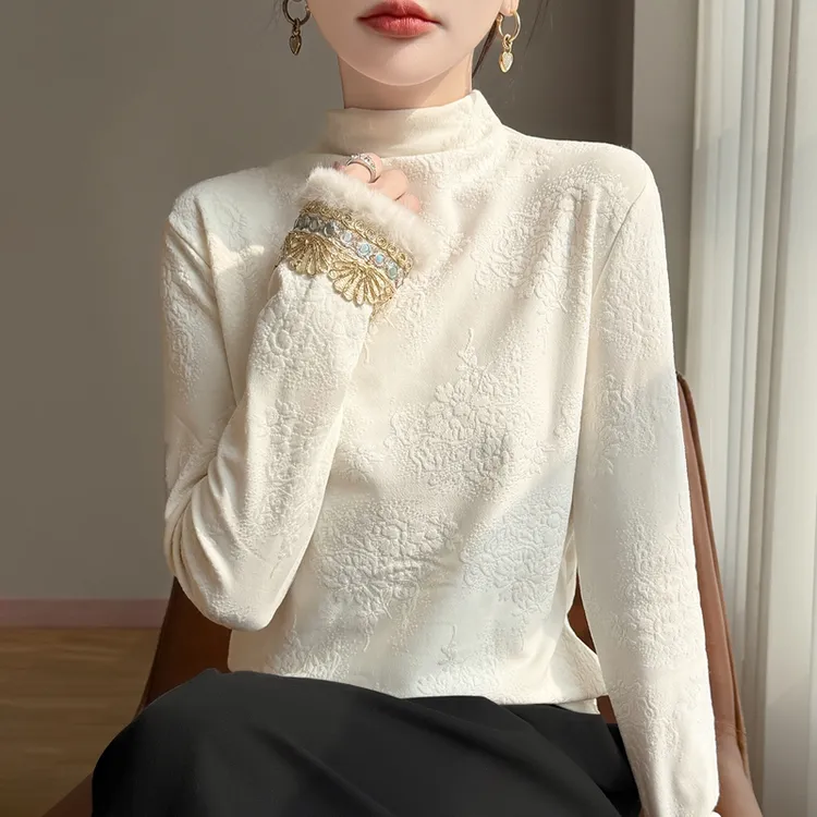 哥弟阿玛施正品秋冬时尚女装国风刺绣上衣提花半高领内搭打底衫女