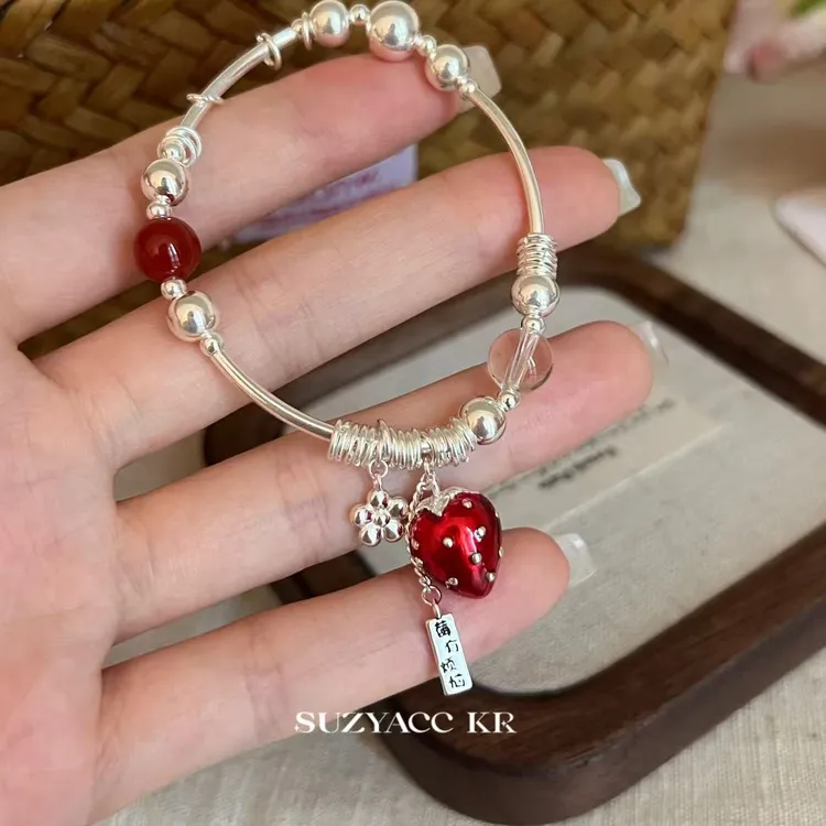 Suzyacc Kr 925银手链 【莓好时光】草莓手链手工气质可爱红色C2269