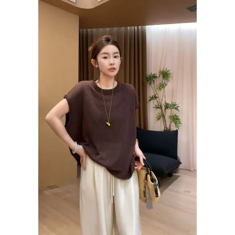 玖了个玖 2025新款极简风轻薄款纯色针织百搭休闲T恤2506C3527