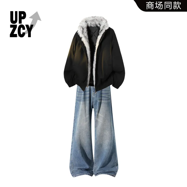 UPZCY美潮复古休闲座山雕棉服套装冬季男士新款潮流水洗牛仔裤男