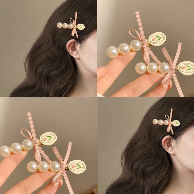 春夏郁金香珍珠蝴蝶结发夹女新款刘海侧边夹子甜美bb夹发卡头饰品