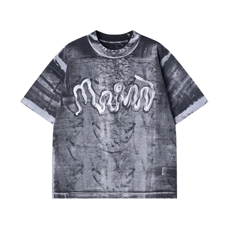 夏季高级感新款潮牌做旧手绘字母圆领短袖T恤宽松休闲街头印花