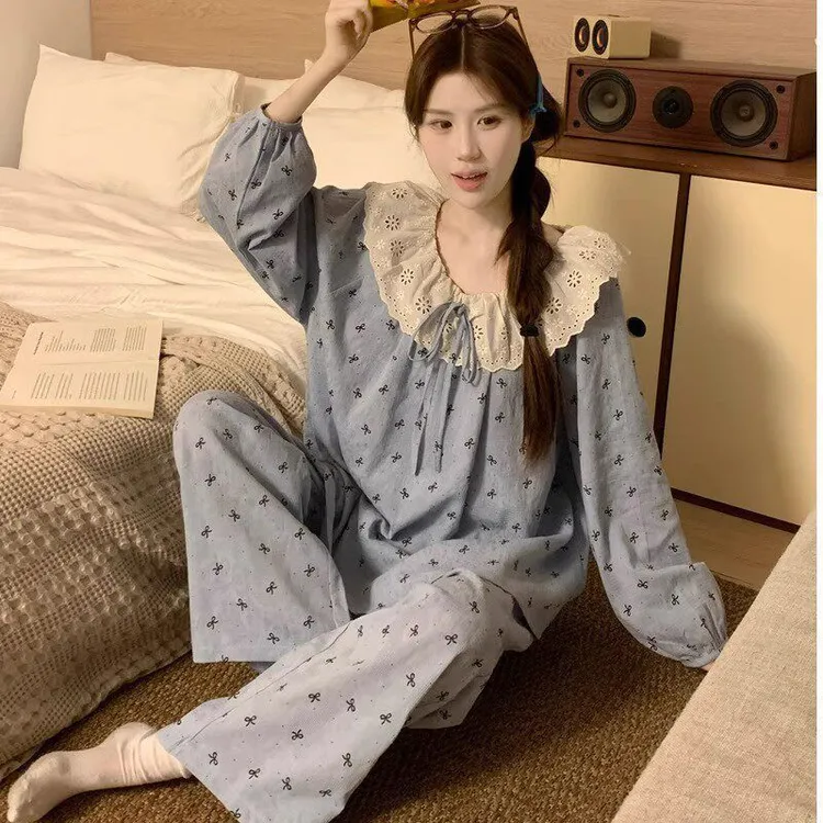 跨境外贸爆款韩版甜美大翻领蕾丝花边睡衣女春秋外穿家居服女套