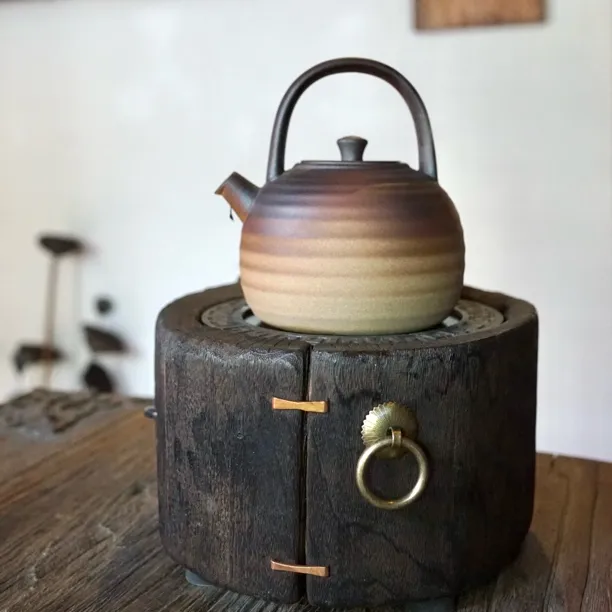 木作手工电陶炉创意煮茶炉煮茶器诧寂风复古小围炉罐罐茶榆木摆件