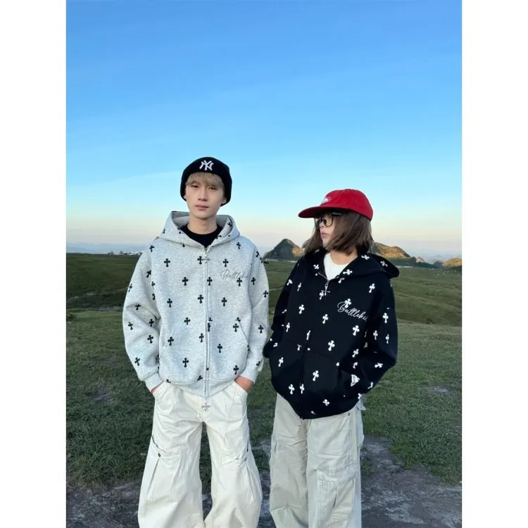 十字架满印连帽开衫卫衣男美式秋冬宽松个性哥特风拉链情侣外套潮