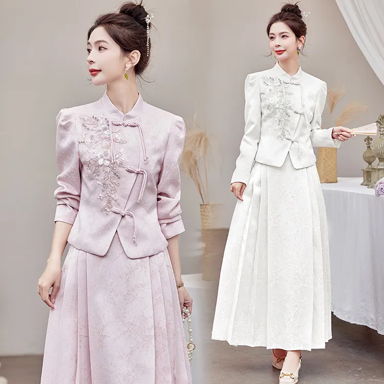 2025新款春秋装复古风绣花连衣裙女装礼服气质新中式套装裙