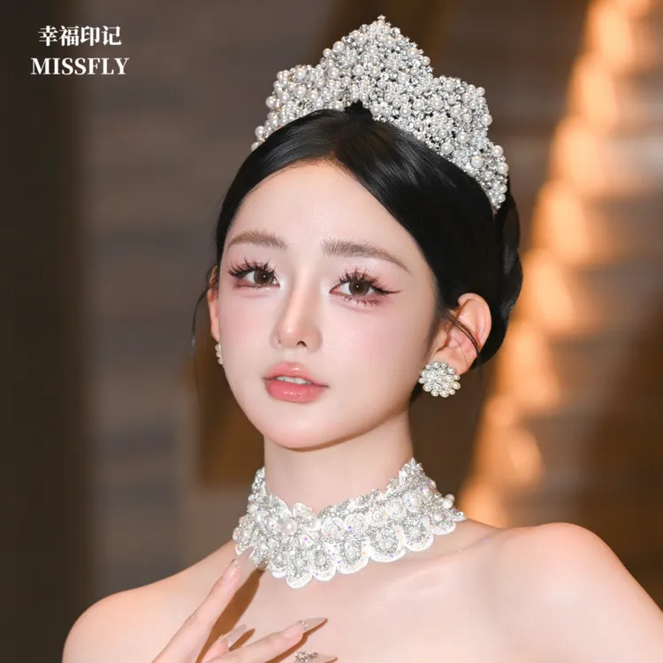 公主皇冠头饰重工人工珍珠水钻皇冠王冠发饰新娘婚纱白纱配饰品