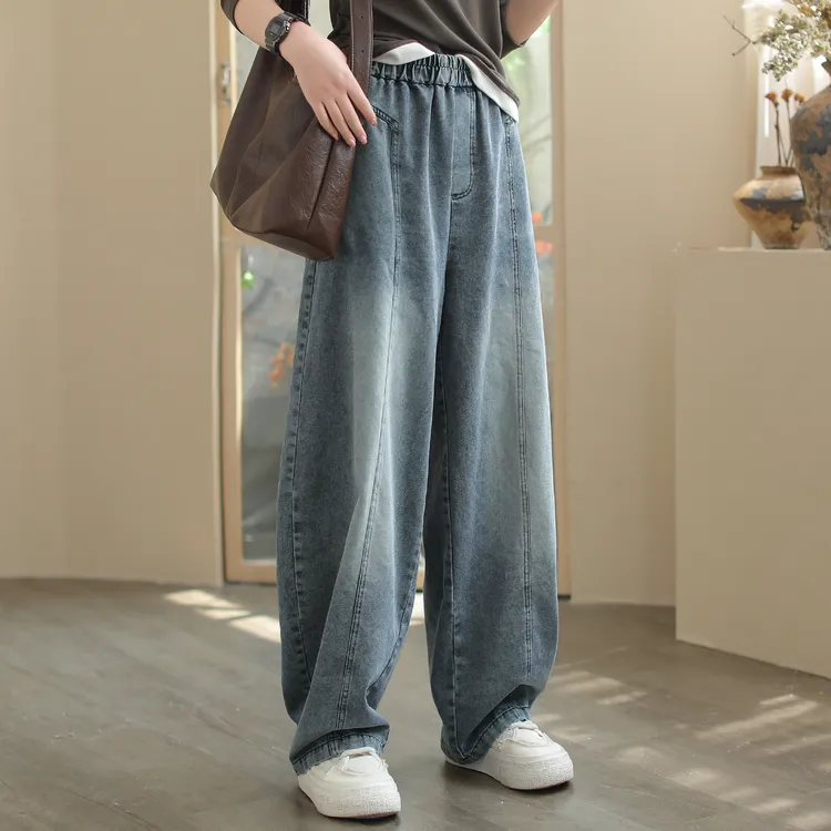 秋天牛仔裤女2025秋季新款松紧腰休闲直筒裤子大码宽松显瘦阔腿裤