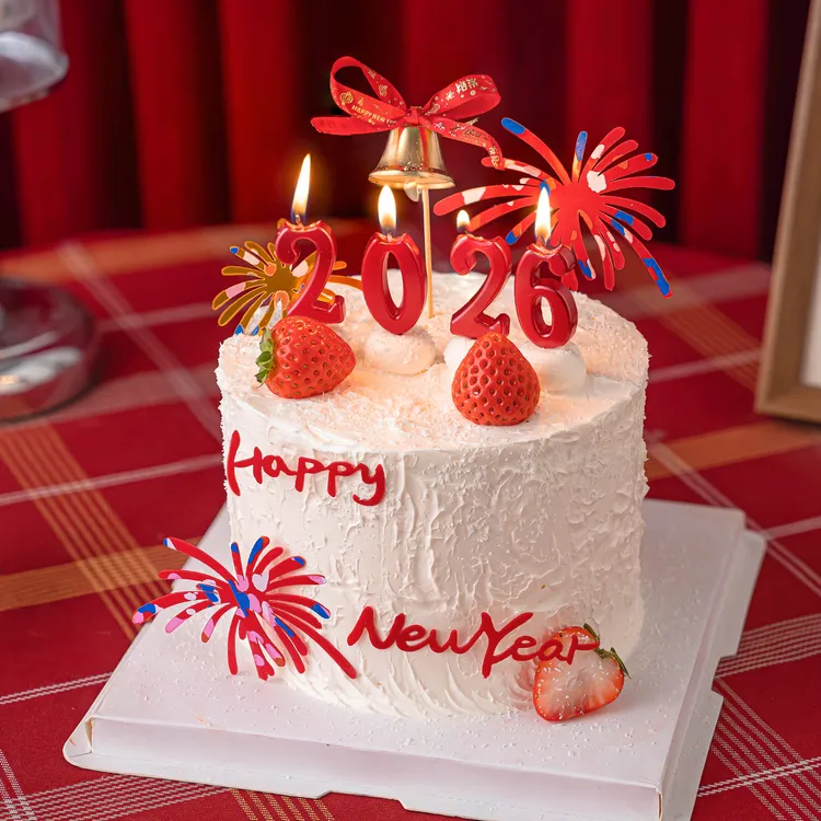 2026新年快乐礼花亚克力蛋糕装饰插件红色数字蜡烛跨年除夕装扮