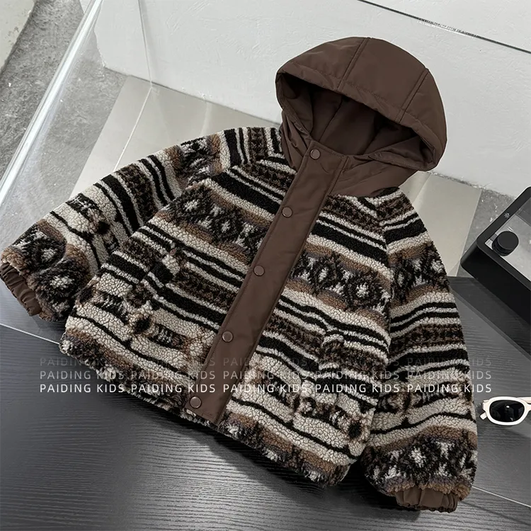 冬装儿童韩版时尚撞色条纹摇粒绒保暖加厚棉服外套HCXZ4617