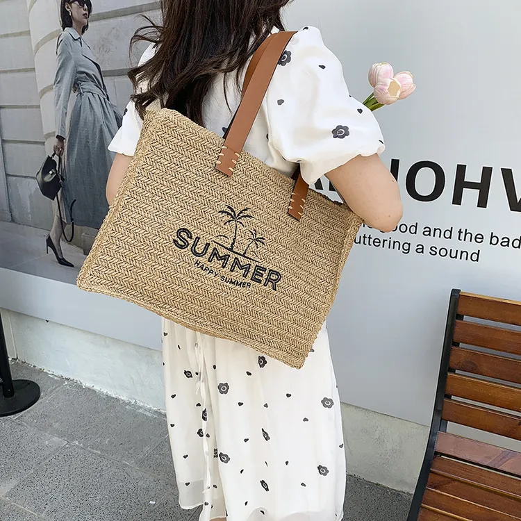 时尚复古风个性椰树刺绣手工编织女士托特包沙滩度假女单肩手提包
