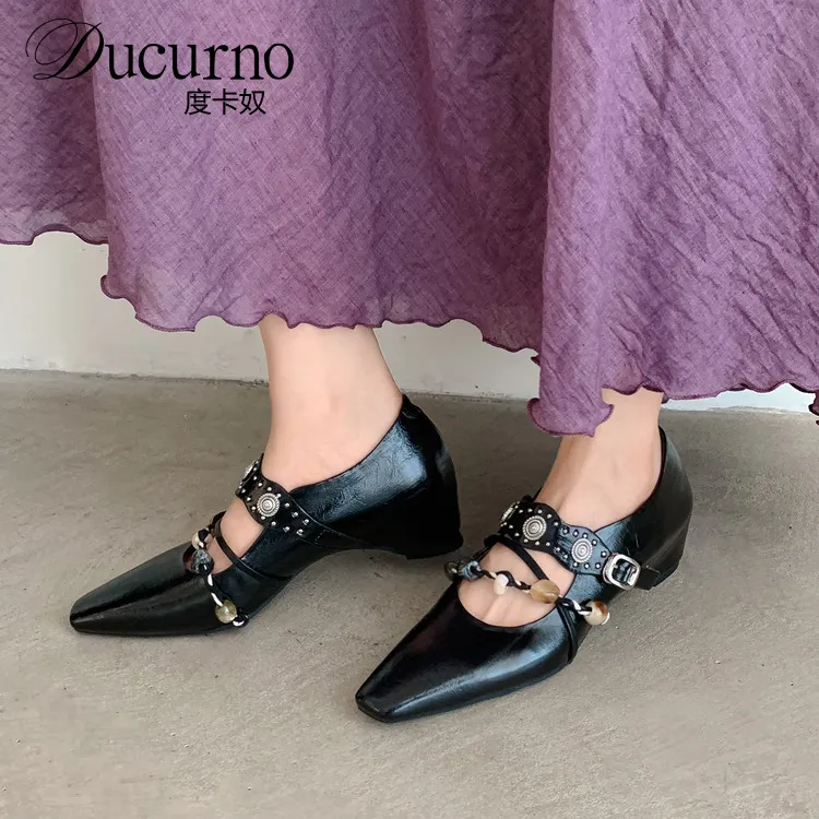 DUCURNO设计感小众串珠一字带玛丽珍鞋女内增高小方头豆豆鞋单鞋