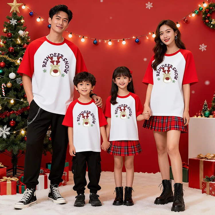 {质量保证}纯棉圣诞亲子短袖红白插肩袖平安夜高端印花上衣T恤