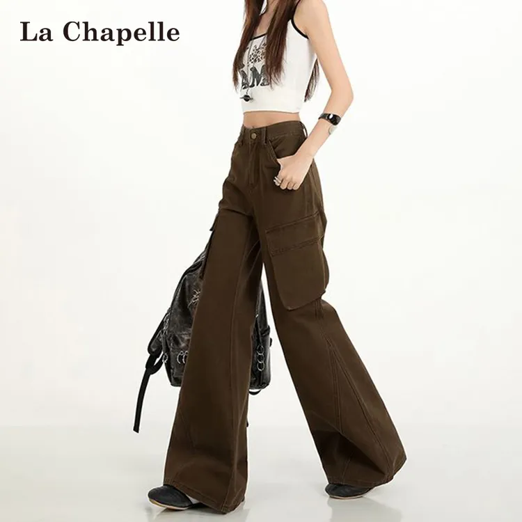 拉夏贝尔工装休闲微喇牛仔裤女2026早春贴袋解构拼接不贴腿喇叭裤