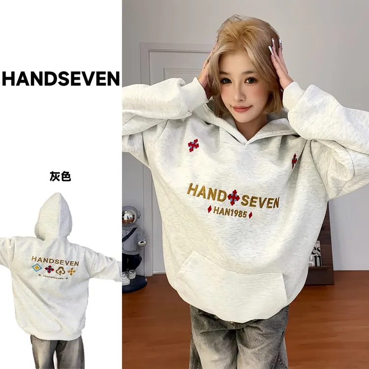 HandSeven美式2025新款重磅卫衣民族风花朵刺绣连帽卫衣冬季加绒