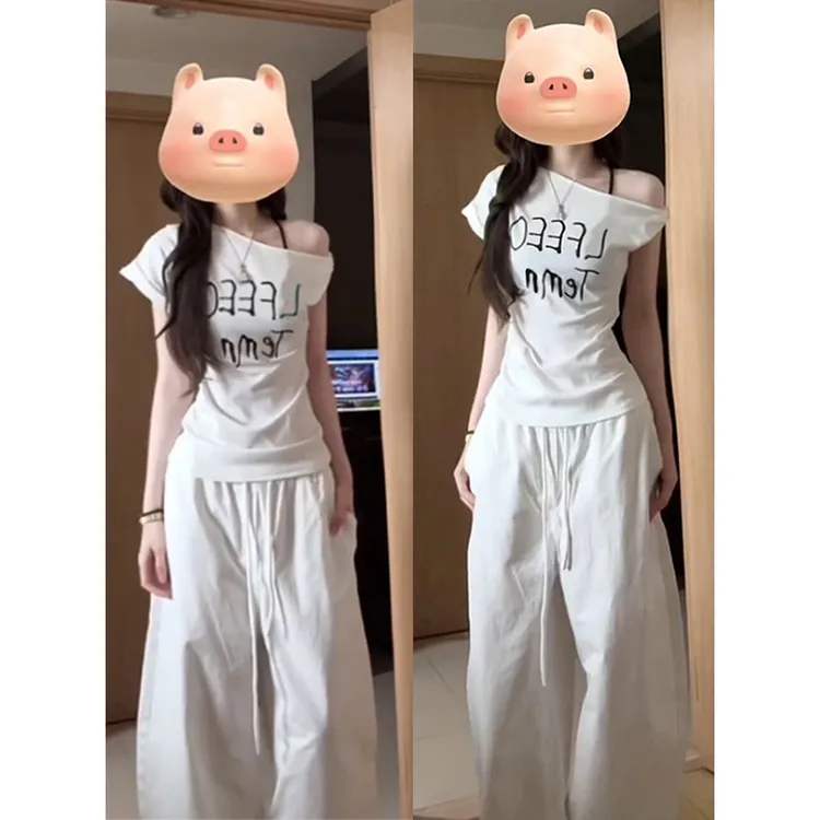 通勤穿搭女夏季一整套2025新款休闲露肩字母印花上衣休闲裤两件套