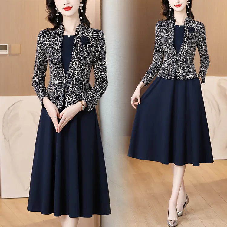 多彩丝长袖假两件提花连衣裙藏青色春西装套裙