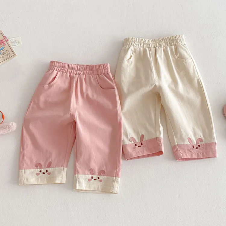 女童直筒裤2025新款夏季女宝宝韩版拼接刺绣裤子外穿儿童休闲裤薄