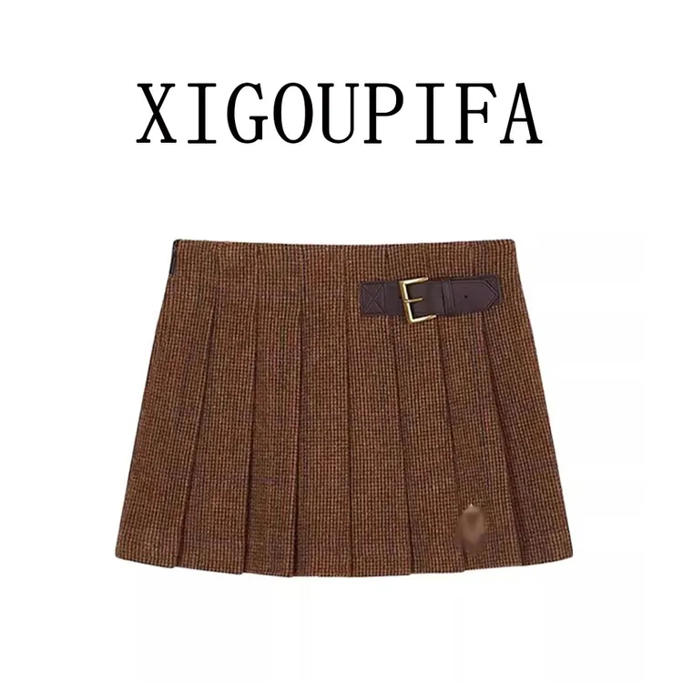 美式学院风复古棕色格纹半身裙女2025秋冬小个子高腰显瘦百褶短裙