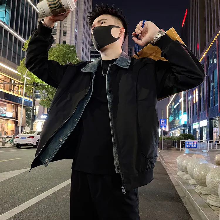 夹克外套男潮牌设计感痞帅男装假两件牛仔拼接撞色休闲男士上衣