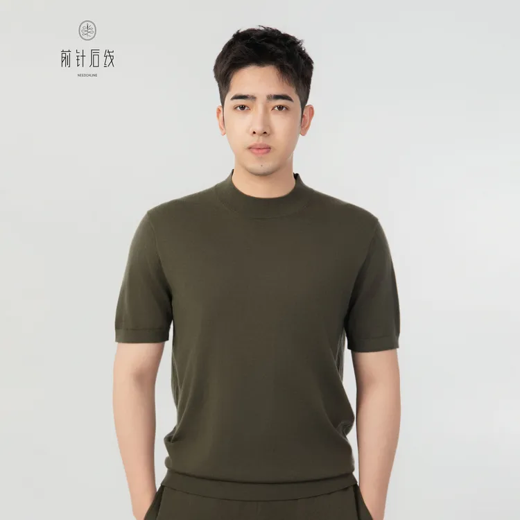 【可机洗】100%纯羊绒衫男士半高领短袖t恤男装男款秋冬保暖百搭