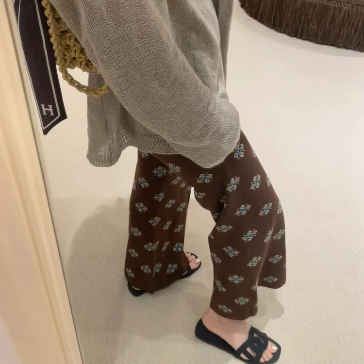 夏季咖色印花薄款阔腿裤子女装宽松bf慵懒风2025新款今年流行爆款