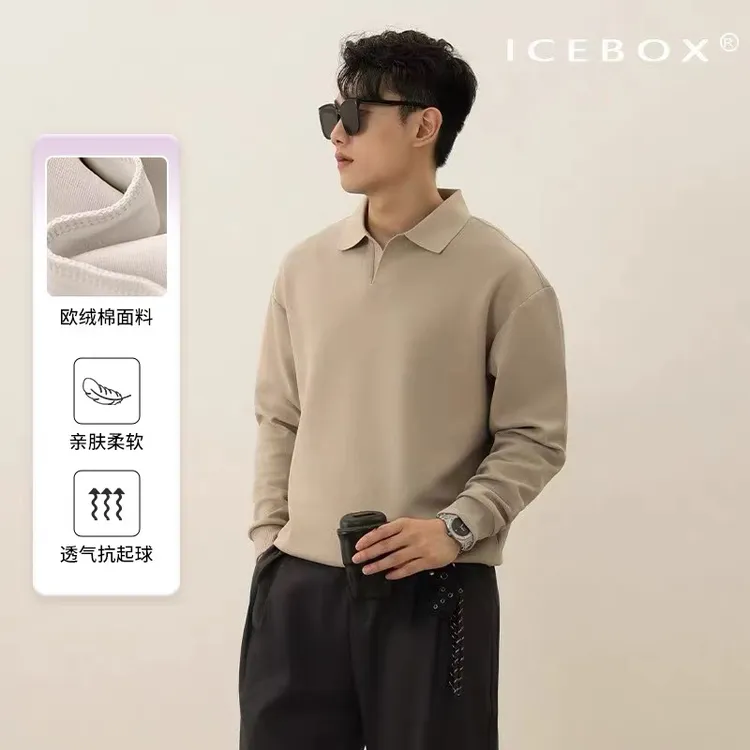 ICEBOX老钱风海鸥领男士秋冬纯色长袖POLO衫百搭休闲翻领宽松卫衣