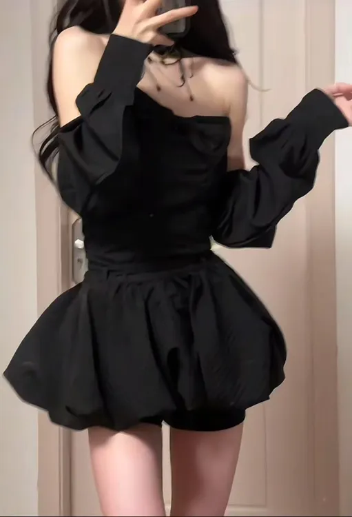 【B Y】气质辣妹风一字领收腰抹胸小黑裙+袖套荷叶边收腰性感连衣裙