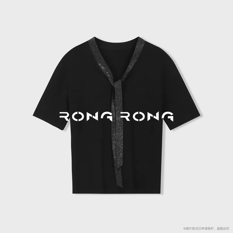 溶溶【碎星织月】RONGRONG 莱赛尔醋酸混纺烫钻飘带领套头衫F51008商品图