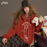 妖精的口袋复古红色印花连帽卫衣女2025年早秋新款宽松慵懒风上衣