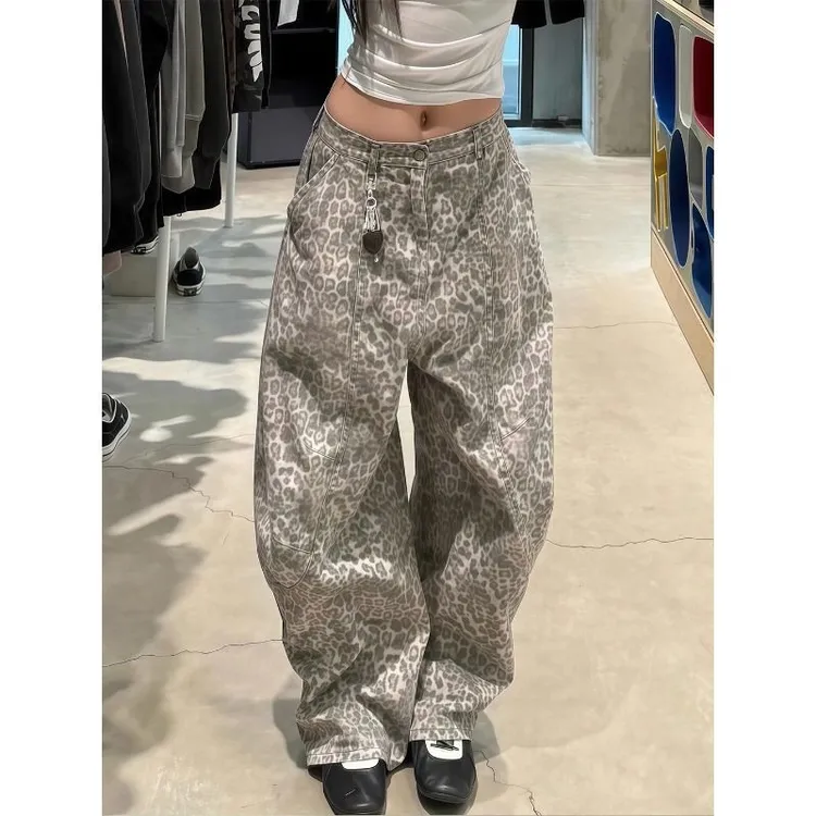 美式复古豹纹弯刀牛仔裤男女早秋廓形松弛慵懒宽松阔腿拖地长裤潮