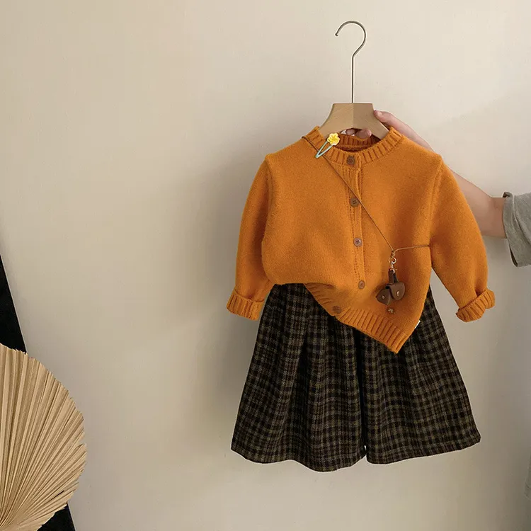 【安安家】女童韩版纯色针织开衫秋季格子休闲阔腿裤两件套 Z-JX003