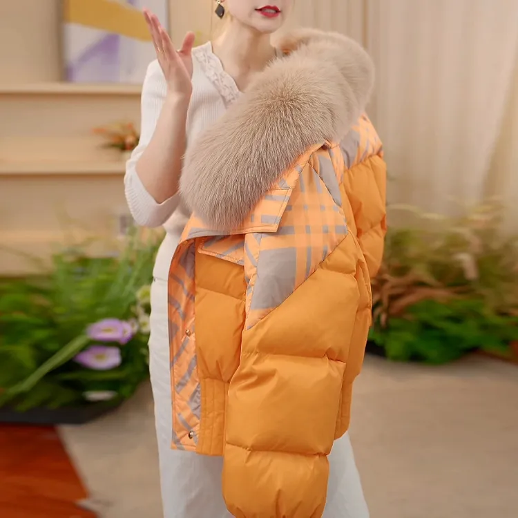 复古时髦加厚保暖毛领棉服女2026冬季新款设计感撞色洋气减龄外套