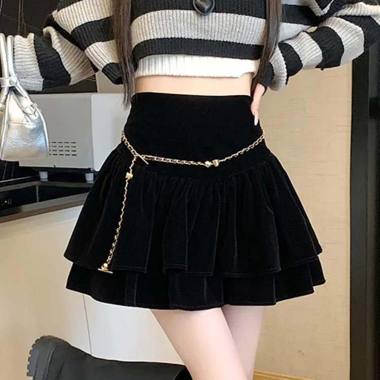 韩版金丝绒蛋糕短裙女秋冬设计感a字蓬蓬裙高腰收腹包臀半身裙子