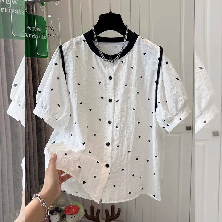 圆领撞色爱心波点印花短袖女大码衬衫夏季休闲百搭洋气拼色宽松衣