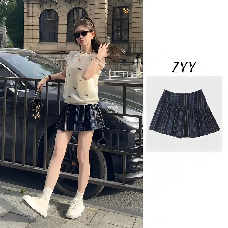 ZYY【卡普里岛】2025S/S新品显瘦A字格子斜裁拼接半裙女X25CDQ00042