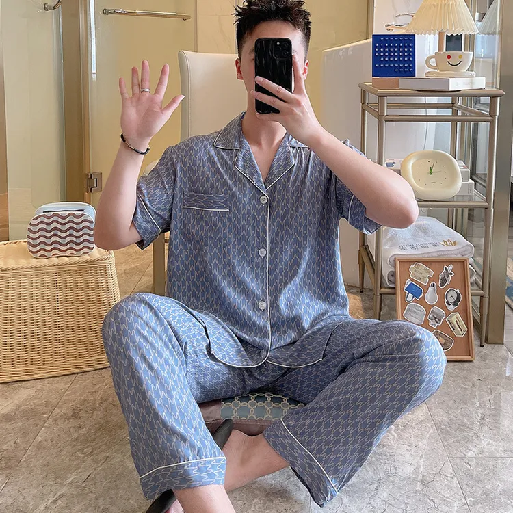 青少年睡衣男士夏季棉绸短袖长裤薄款青年开衫翻领绵绸套装家居服