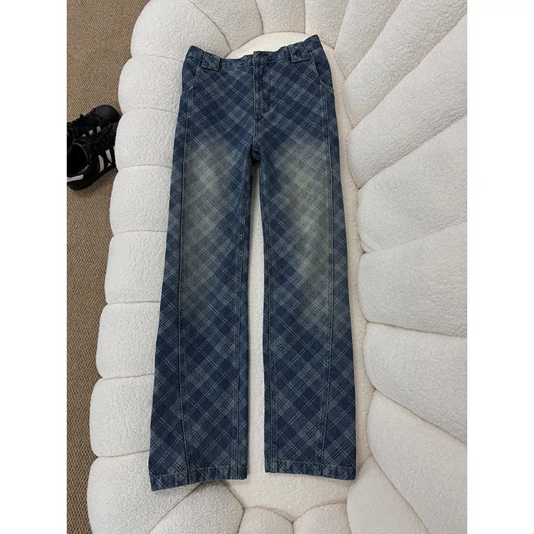美式复古水洗斜切弯刀格纹牛仔裤男款直筒垂感阔腿裤宽松微喇长裤