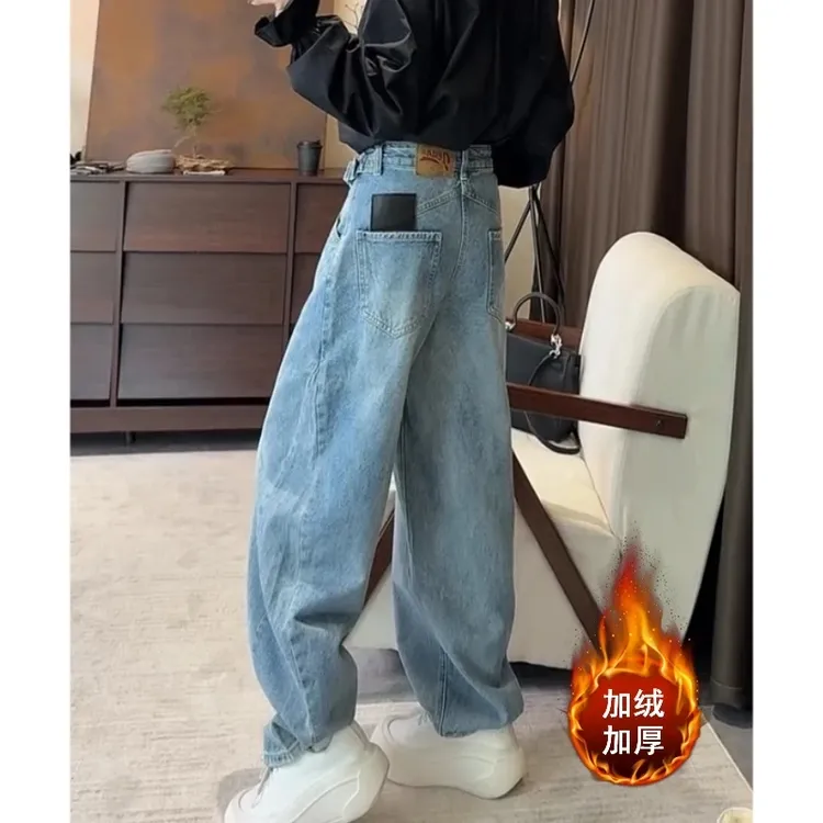 Aimeerosa/艾洛莎秋冬加绒加厚牛仔长裤时髦百搭简约弯刀阔腿裤子