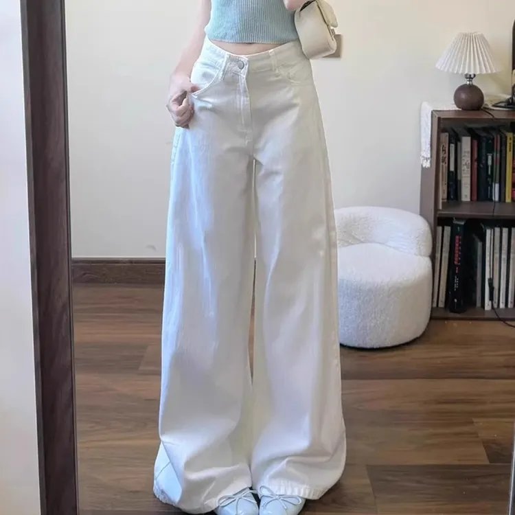 雪千羽美式白色高腰宽松阔腿裤女2025夏新款垂感设计感显瘦牛仔裤