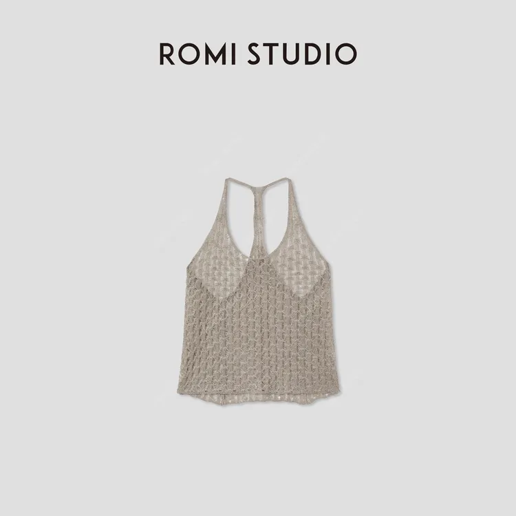 ROMI STUDIO“慵懒假日”100%亚麻挂脖U领镂空针织背心 RWCRST3840