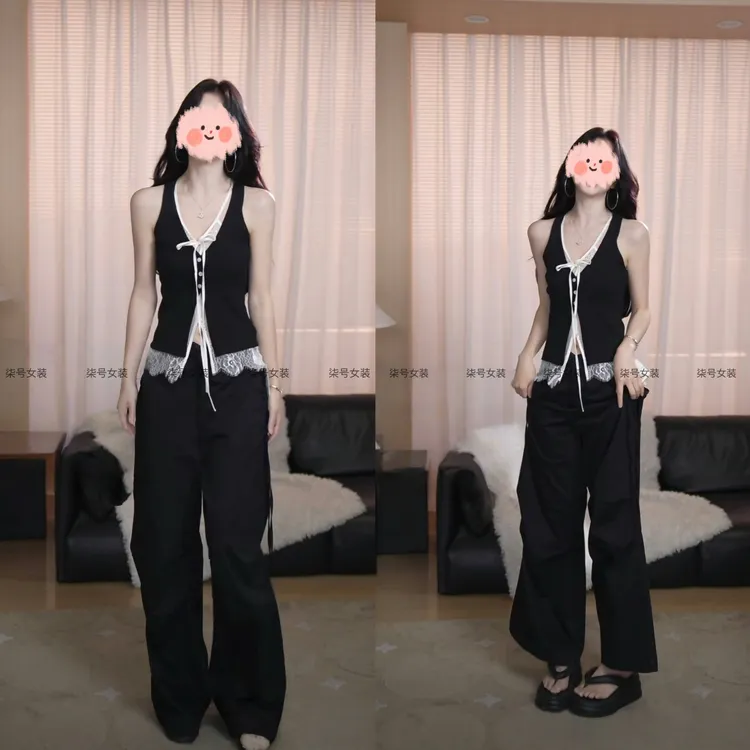 夏季ins纯欲蕾丝拼接假两件系带背心+中腰蕾丝花边休闲长裤套装女