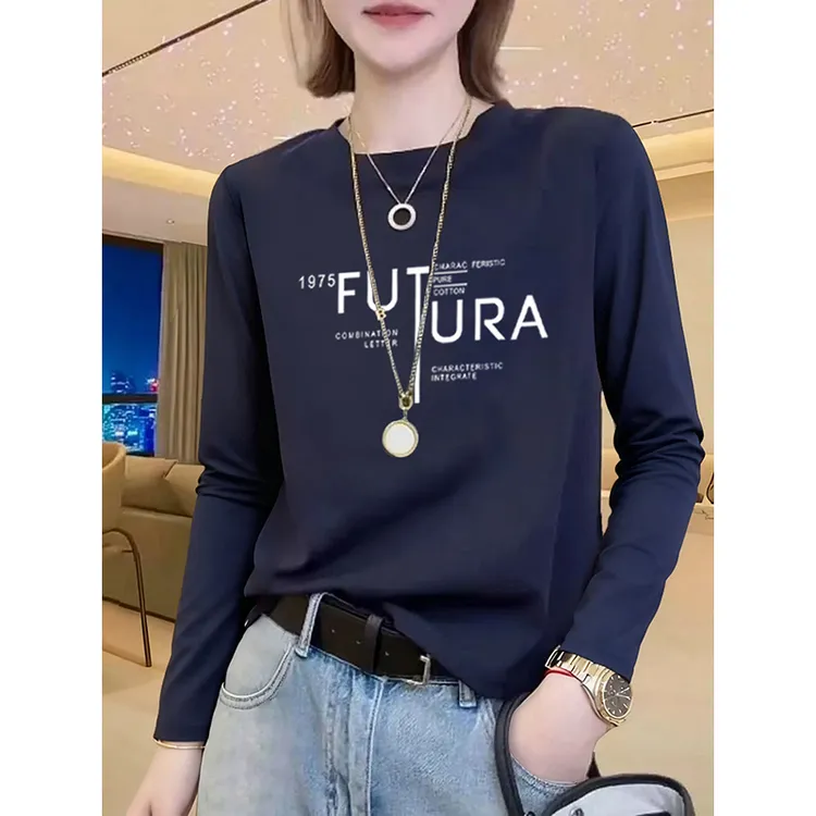 正肩纯棉长袖t恤女时尚减龄洋气白色内搭上衣显瘦打底衫春秋冬季